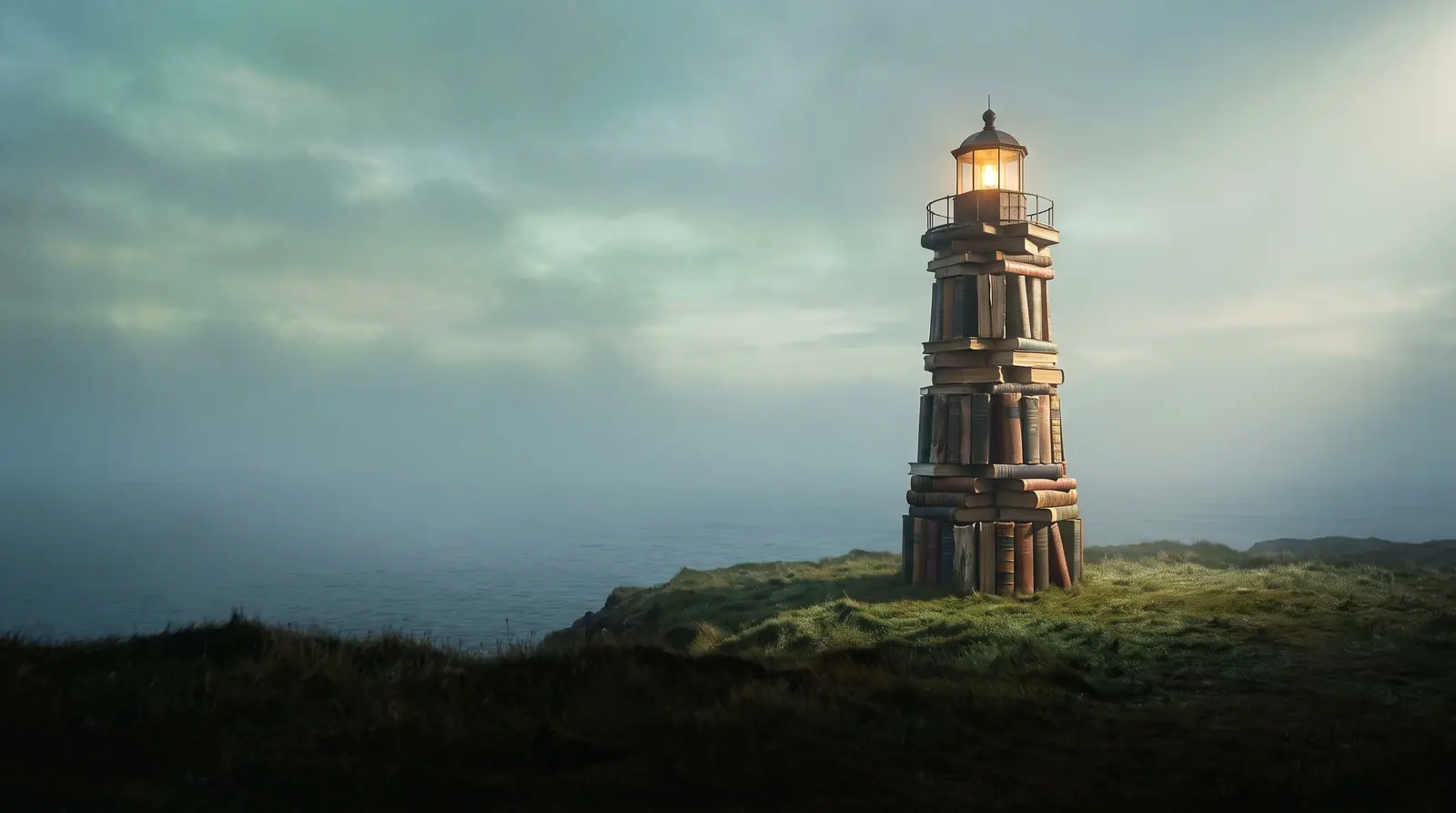 A lighthouse built from stacked books glowing on a misty Irish coastline at dawn